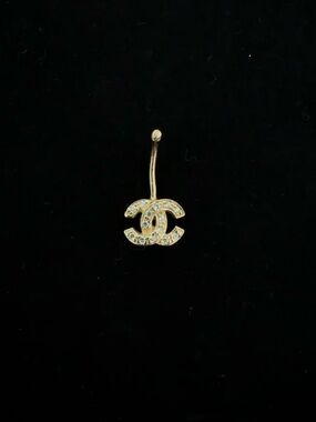 24k Solid Gold Crystal Interlocking CC Logo Belly Ring